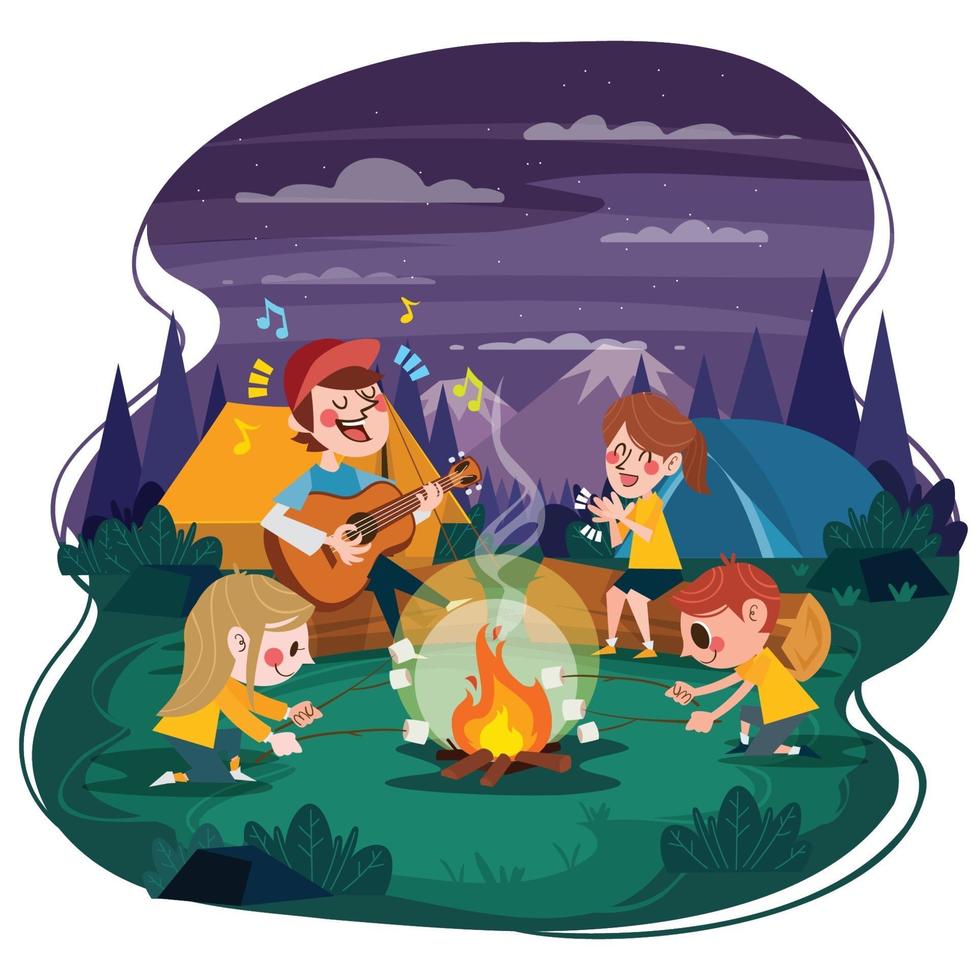 Group Of Friends Enjoying Bonfire in Summer Camp at Night vector