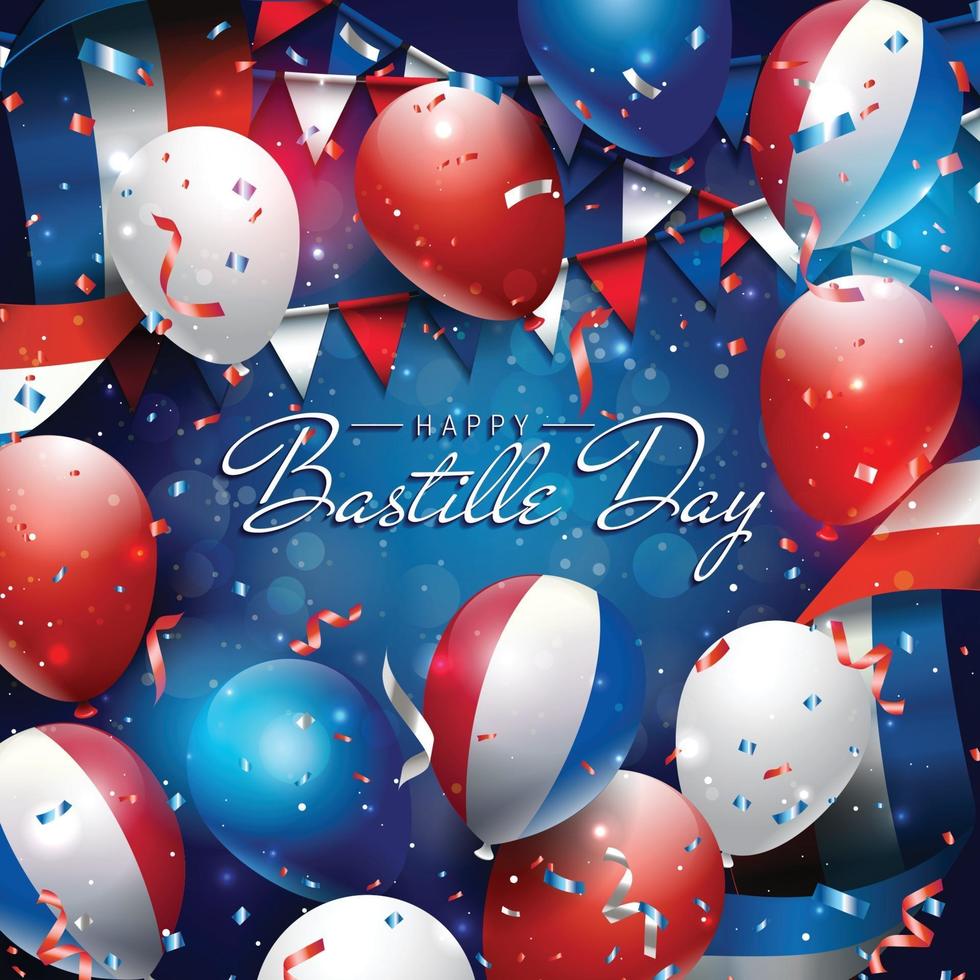 feliz dia de la bastilla con globos y confeti vector