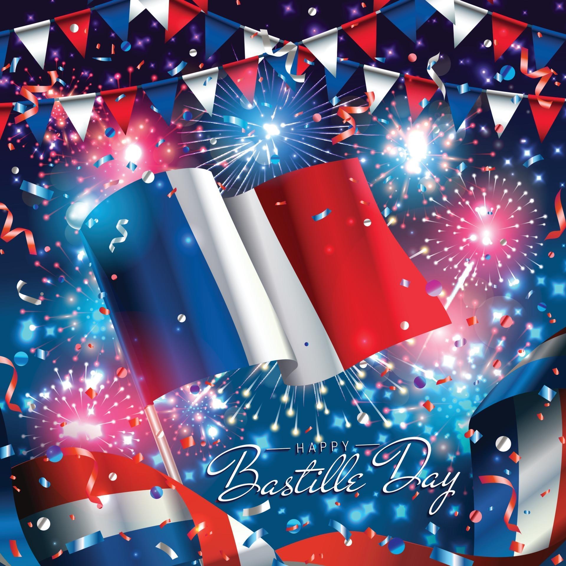 Happy Bastille Day with Flag and Fireworks 2373715 Vector Art at Vecteezy