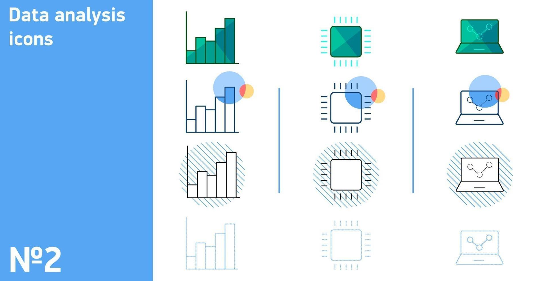 This is a set of CPU and laptop icons and data analysis in different styles vector