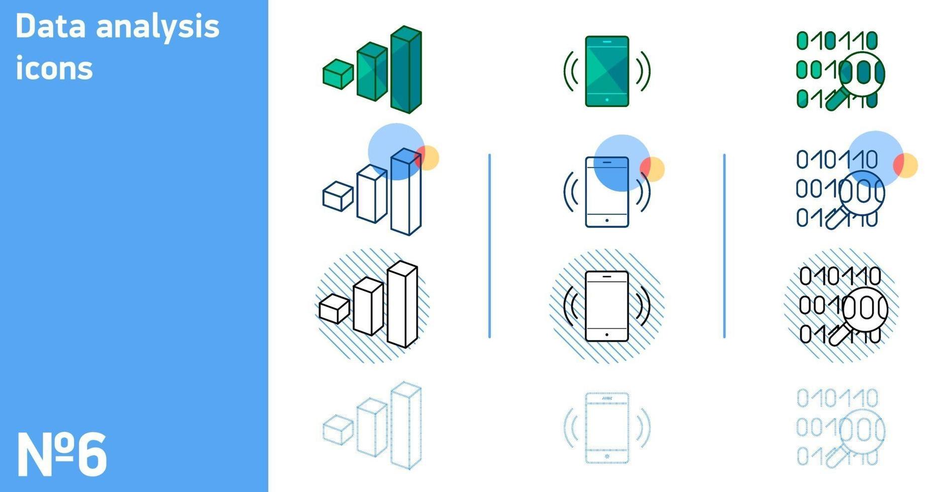 este es un conjunto de iconos para analizar datos digitales y estadísticos y un teléfono inteligente en diferentes estilos vector