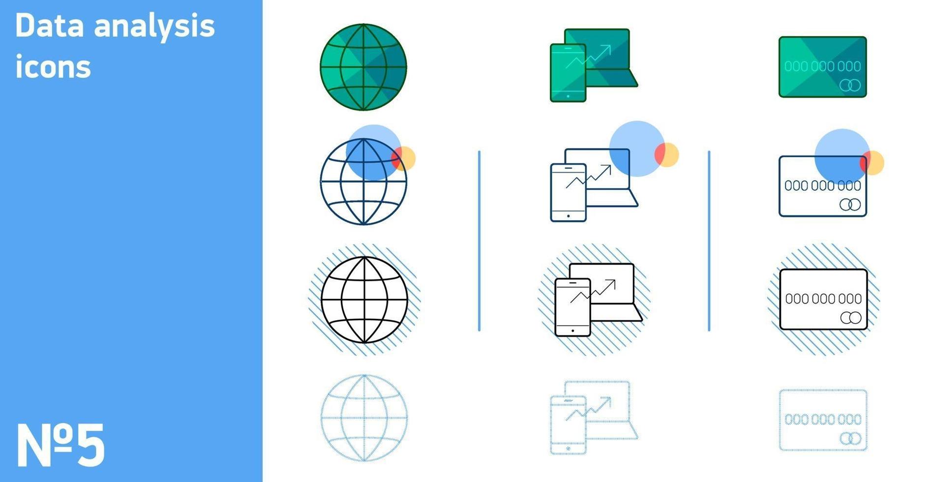 This is a set of icons of the globe and a plastic card and the growth of statistics in different styles vector