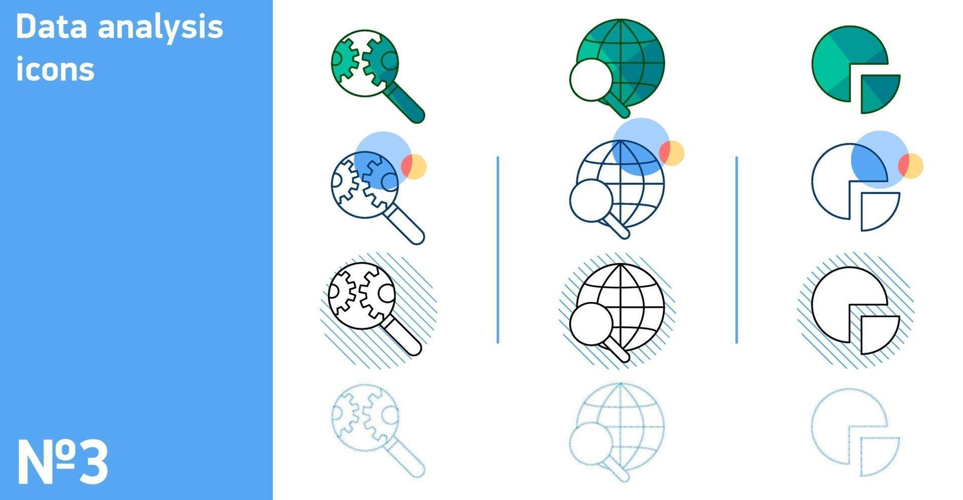 This is a set of global search and pie chart icons in different styles vector