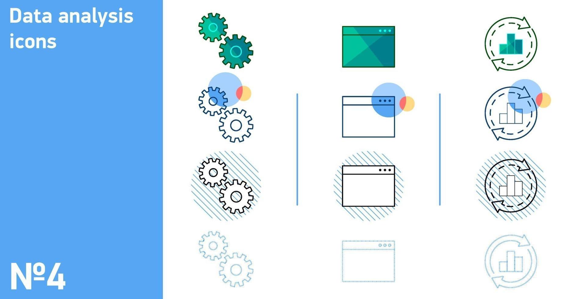 This is a set of icons gears and computer window and global search and statistical chart in different styles vector