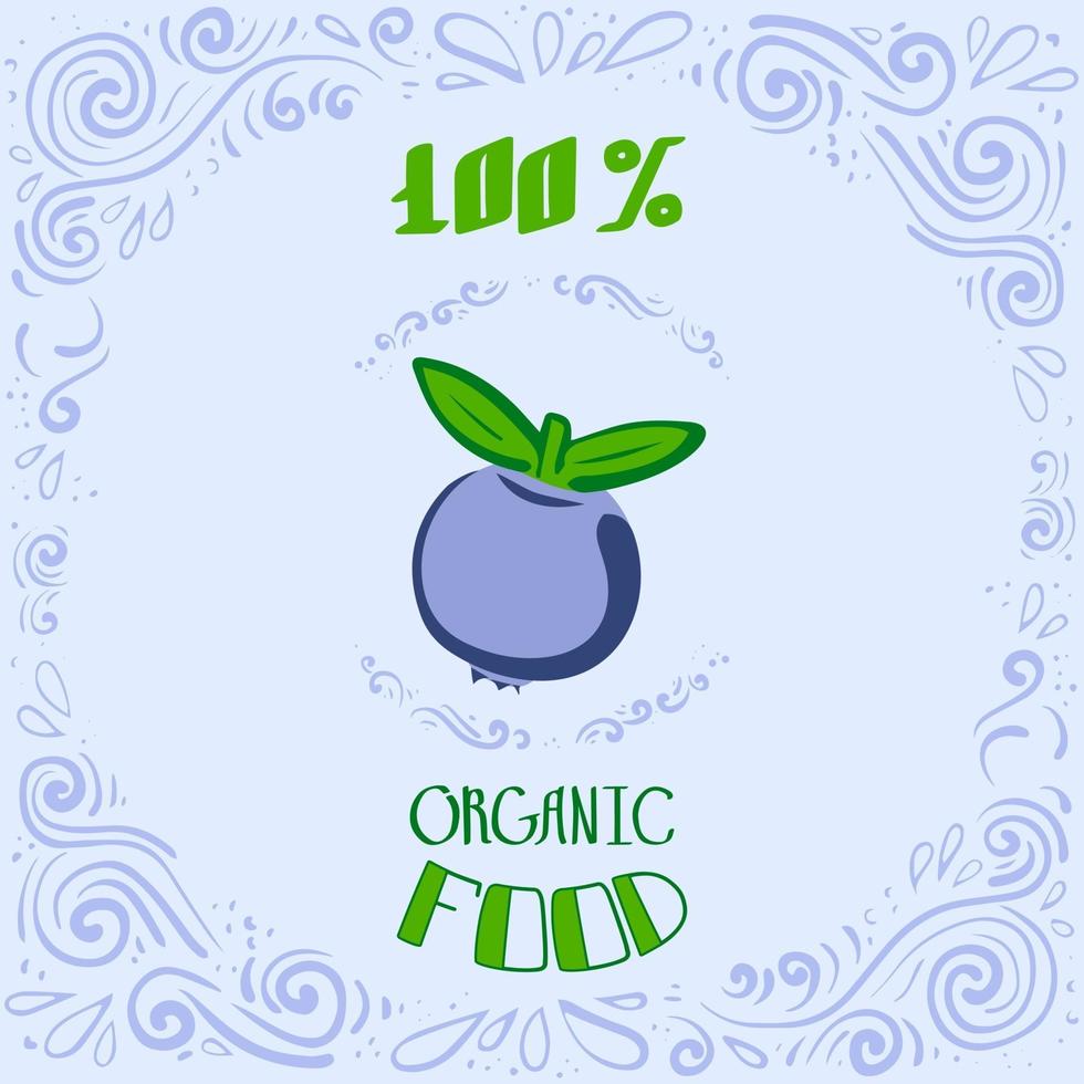 This is a doodle illustration of blueberries with vintage patterns and lettering 100 percent organic food vector