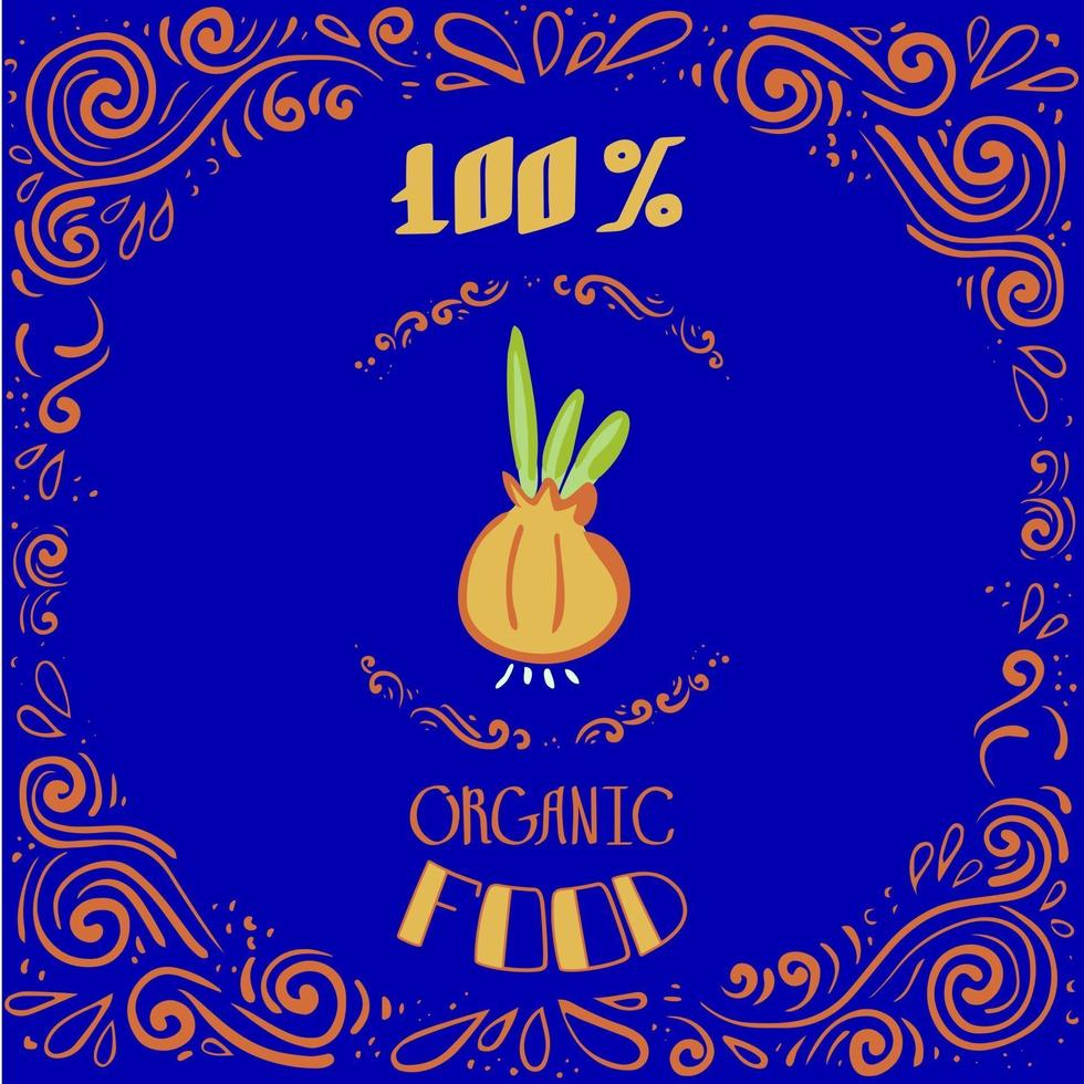 Esta es una ilustración de doodle de una cebolla con patrones vintage y letras de comida 100% orgánica. vector