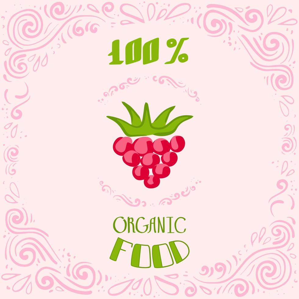 This is a doodle illustration of raspberries with vintage patterns and lettering 100 percent organic food vector