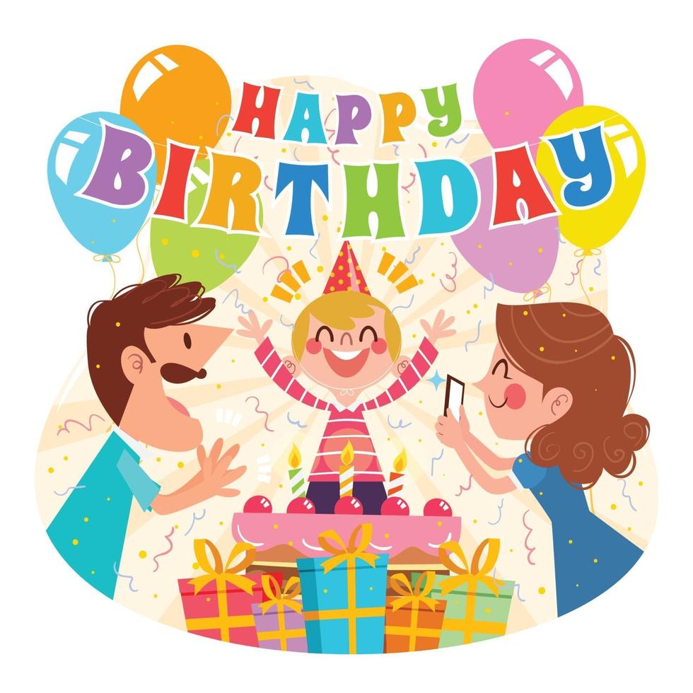 concepto de dibujos animados de celebración de cumpleaños con familia vector