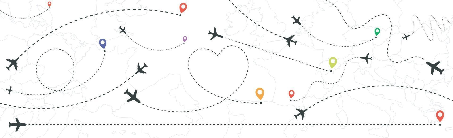 una selección de diferentes rutas aéreas sobre un fondo blanco - vector