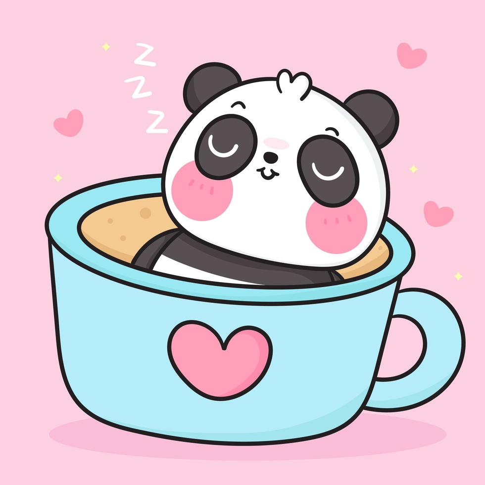 lindo oso panda en taza bebiendo café té dibujos animados osito dulce sueño kawaii animal zoológico vectores girly doodle