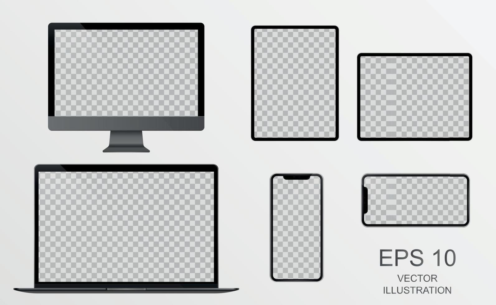 PC Monitor, Laptop, Tablet, Smartphone in Black, Silver and White with Reflection - Realistic Vector