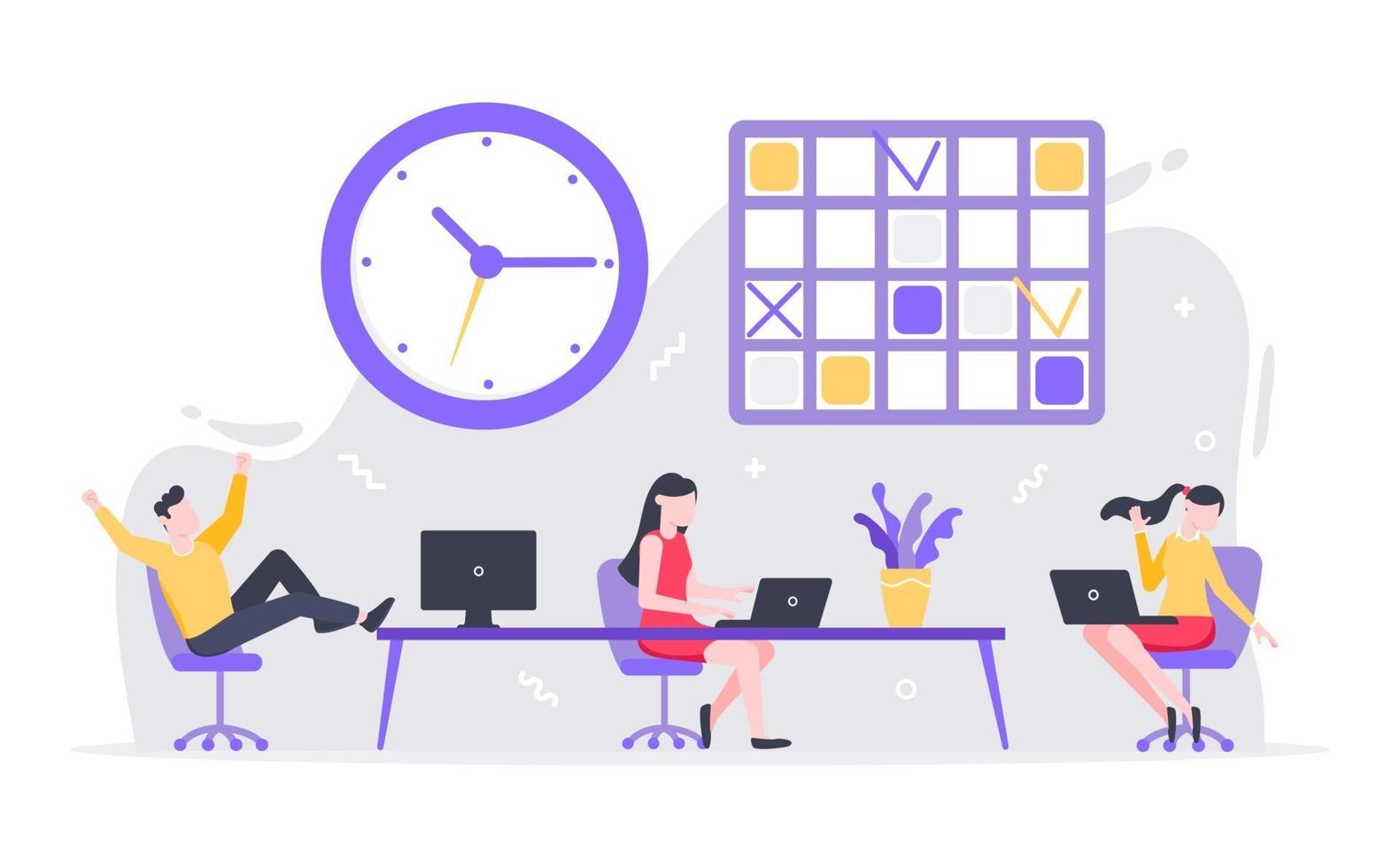 Tiny people characters working together with table and computer vector