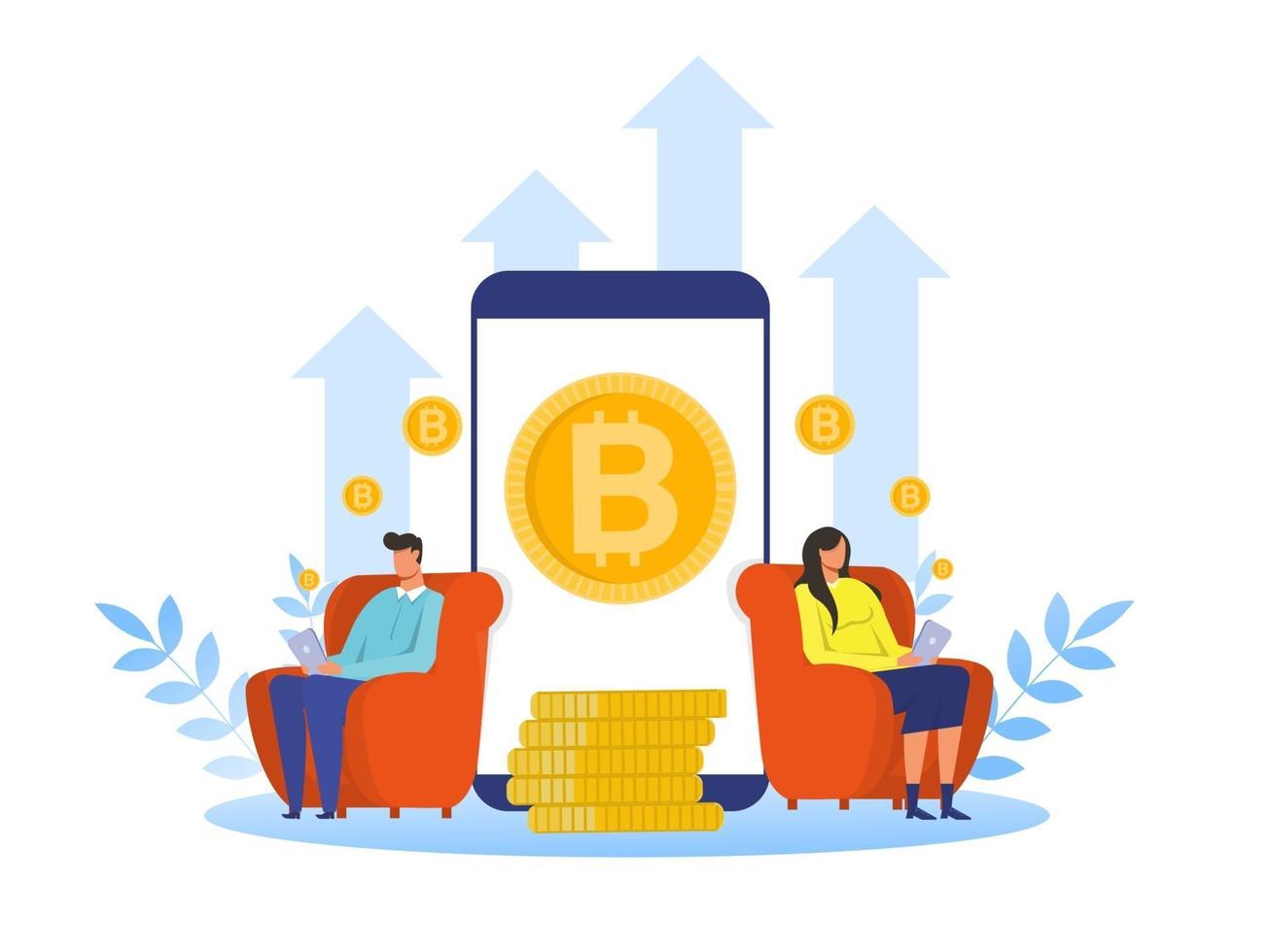 mujer y hombre comprando bitcoin para obtener un aumento en los retornos de inversión en criptomonedas cada año ilustrador vectorial vector