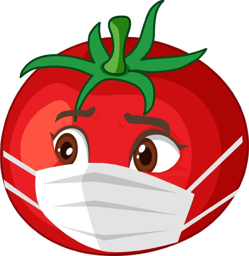 Personaje de dibujos animados de tomate con máscara sobre fondo blanco. vector