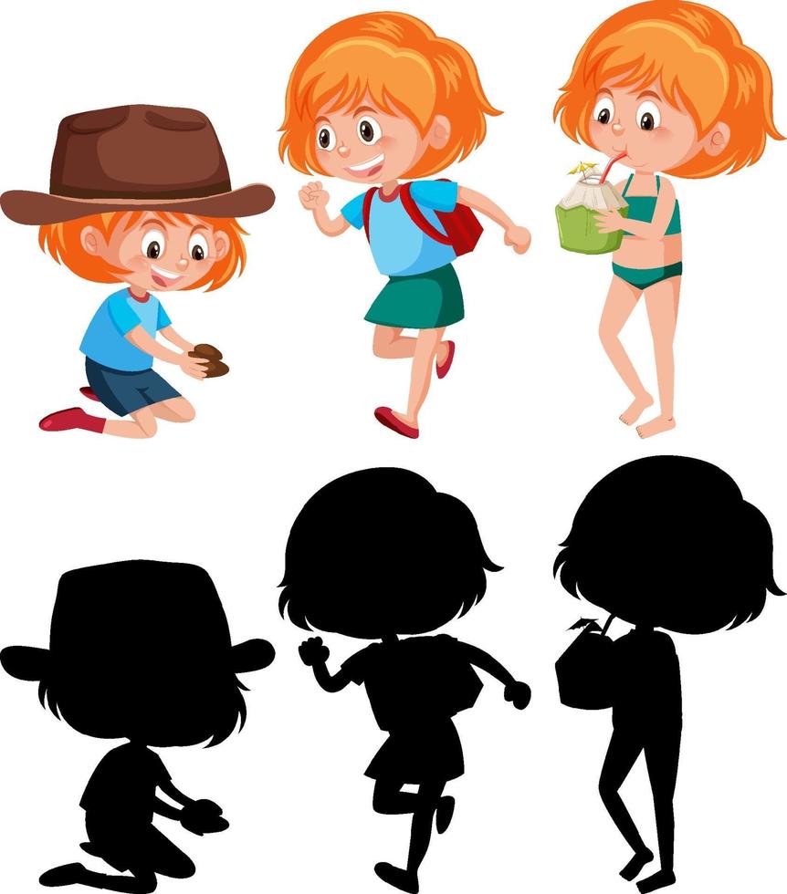 personaje de dibujos animados de una niña haciendo diferentes actividades con silueta vector