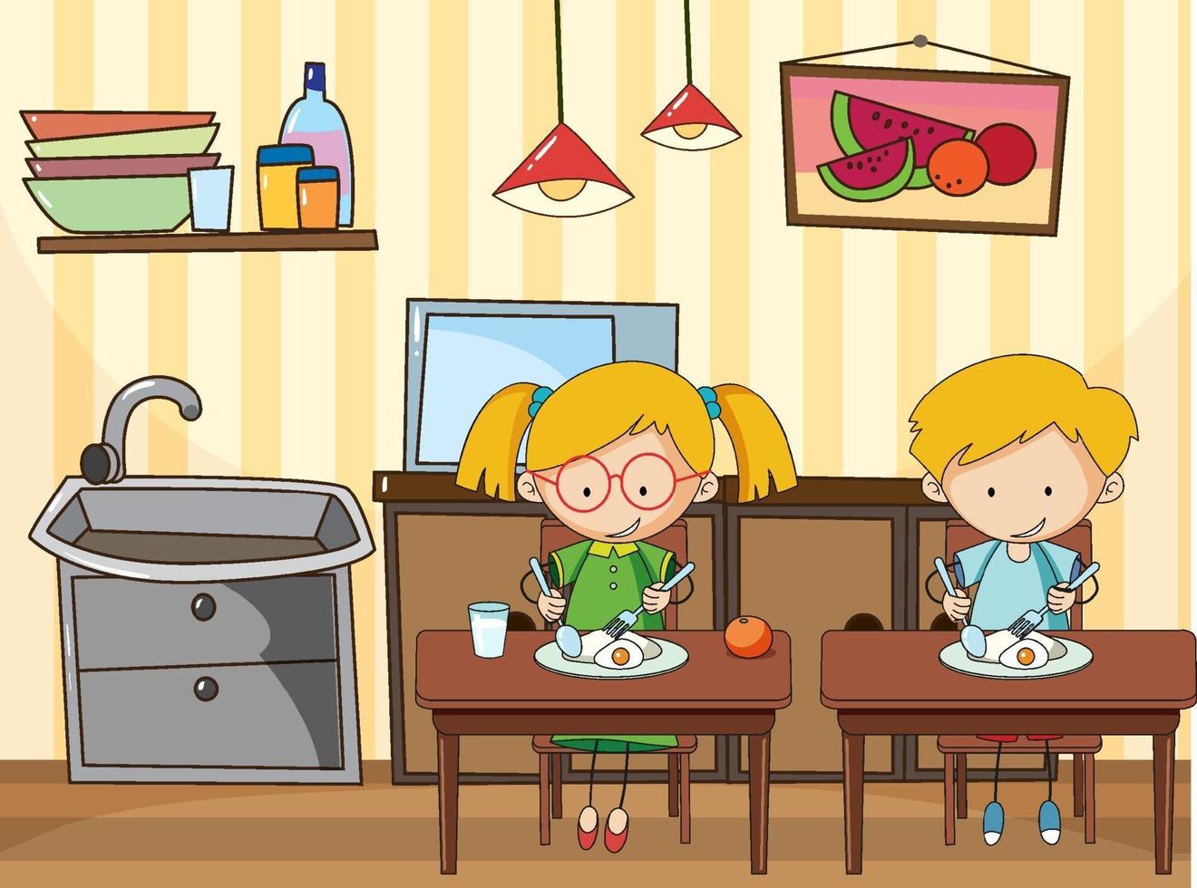 Little kids in the kitchen scene with equipments vector