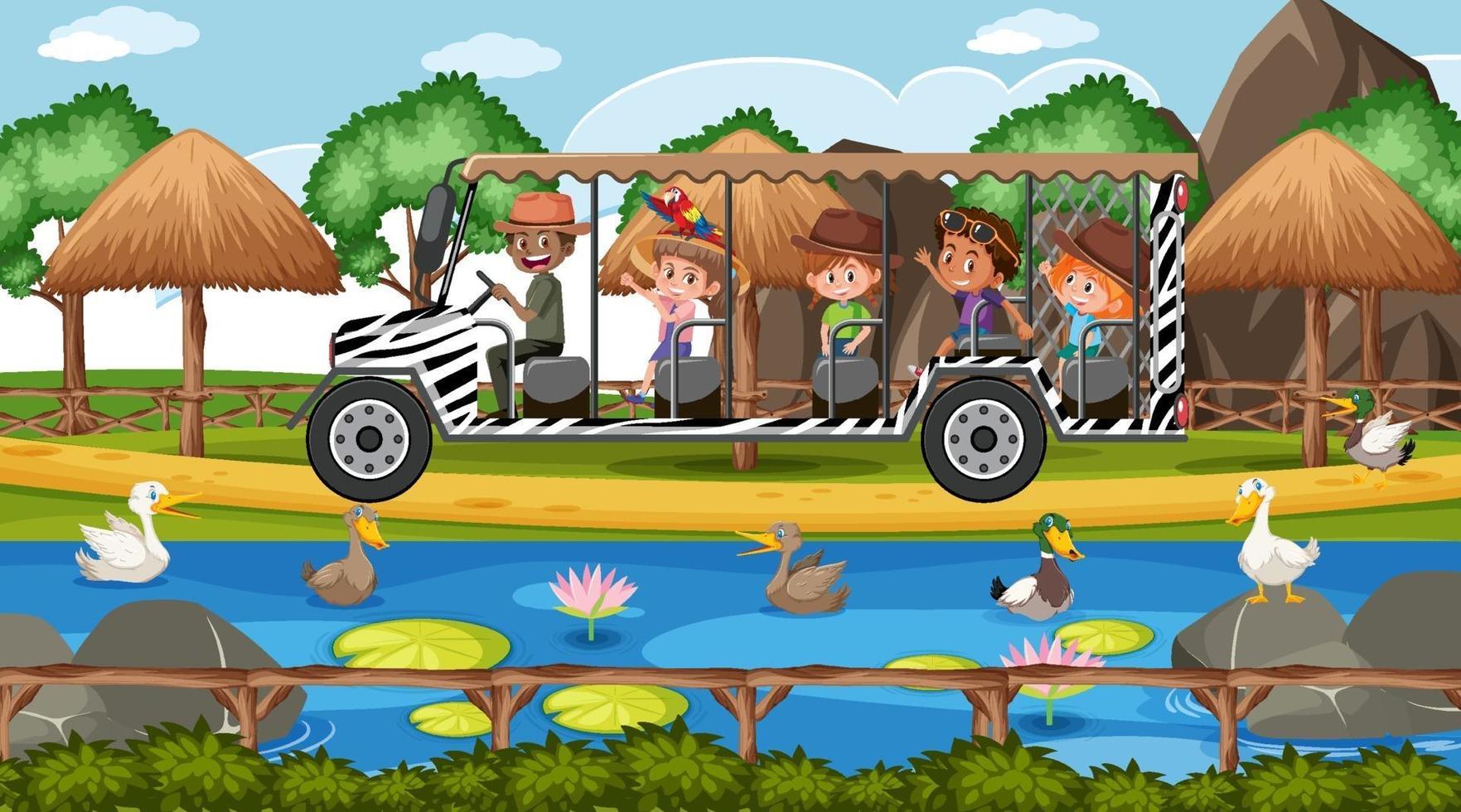 Escena de safari con niños en coche turístico viendo grupo de patos vector