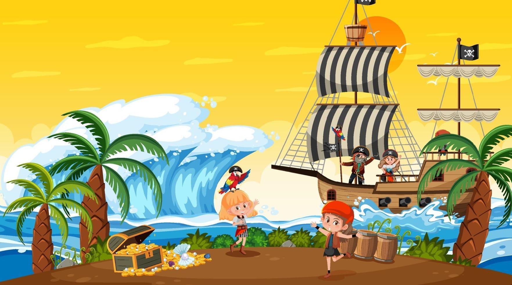 escena de la isla del tesoro al atardecer con niños piratas vector