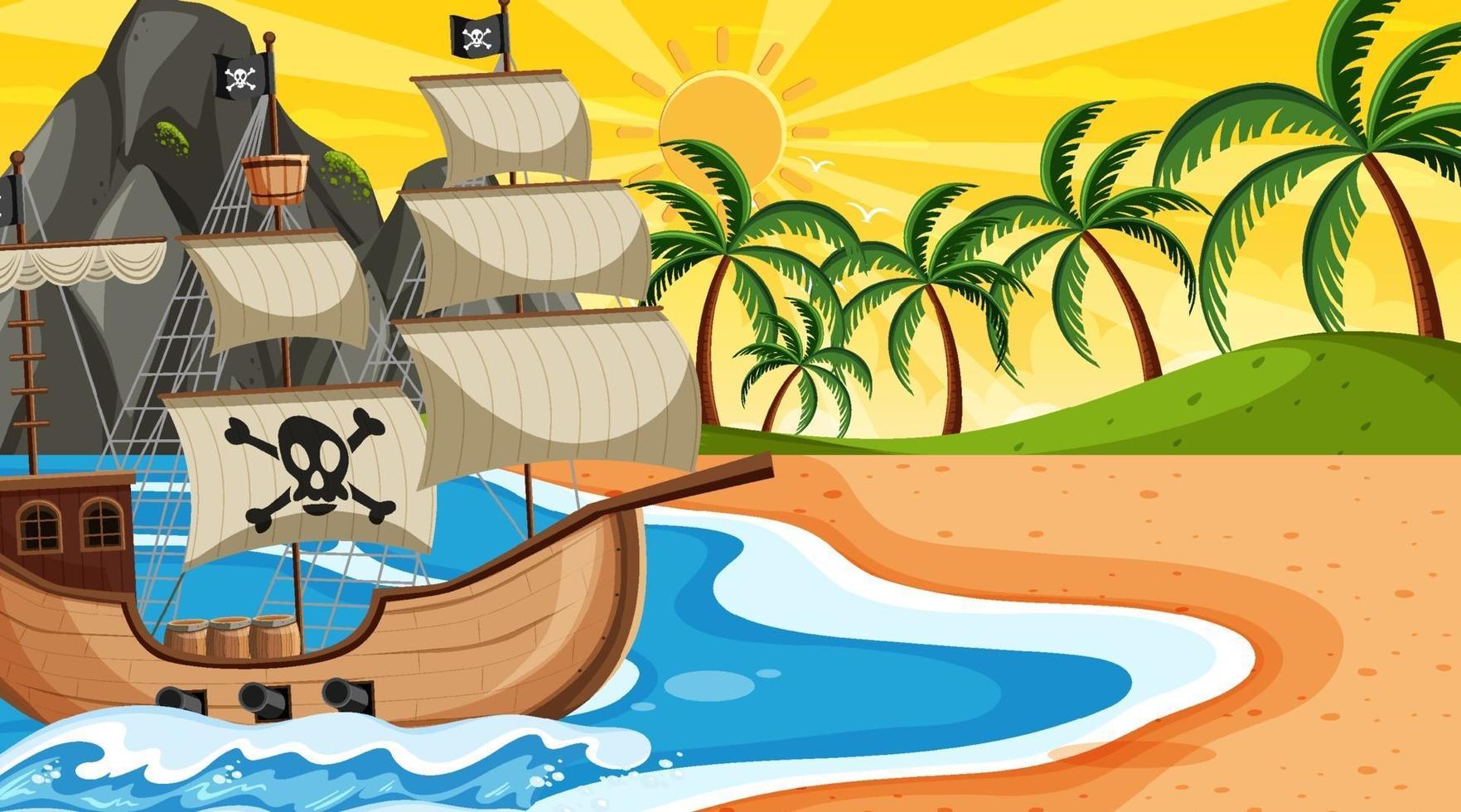 Ocean with Pirate ship at sunset time scene in cartoon style vector