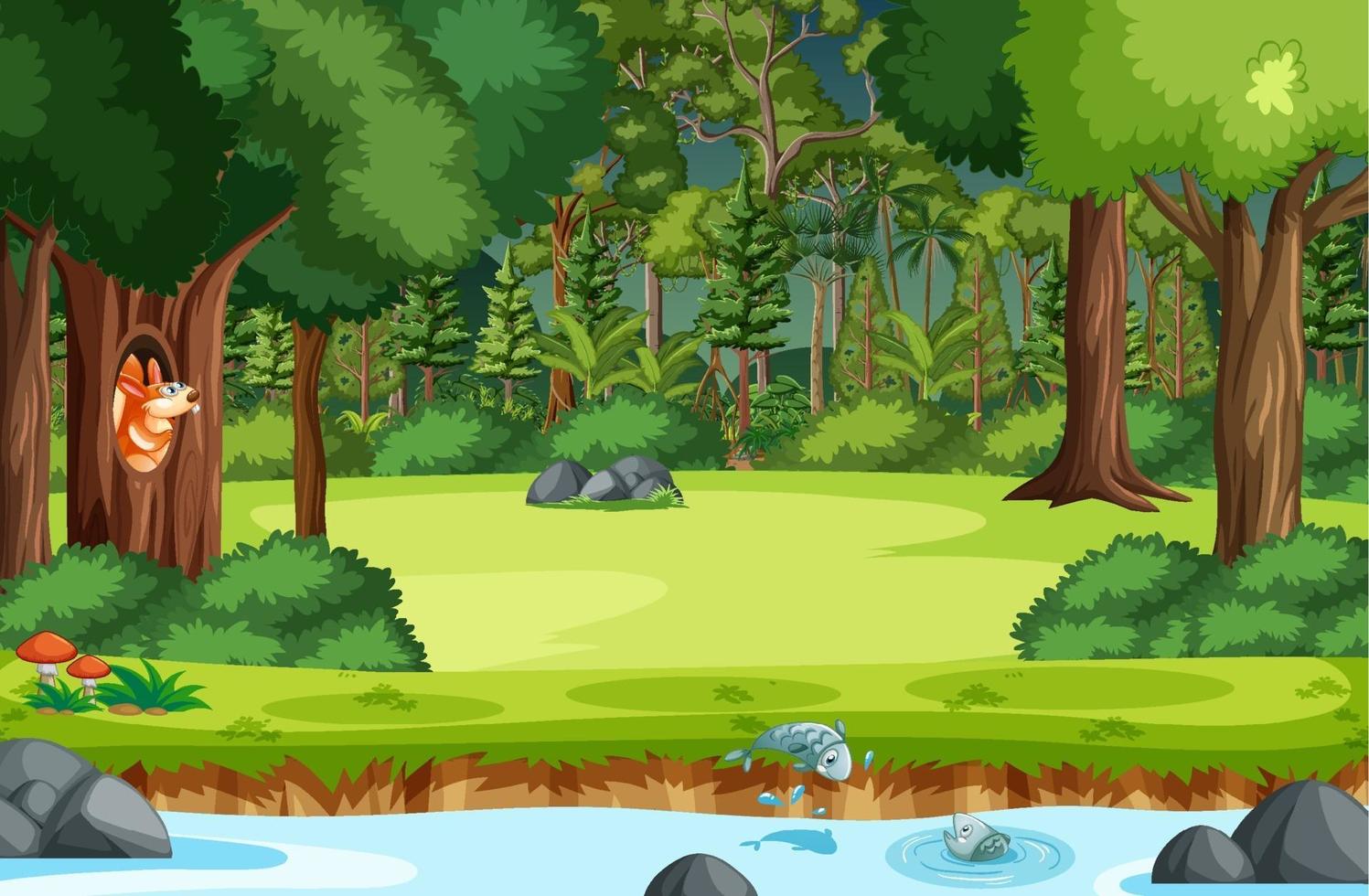 Forest scene with river and many trees vector