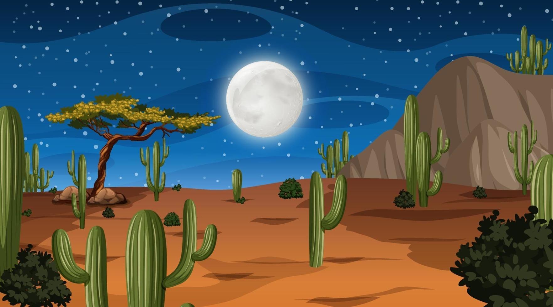 paisaje de bosque desértico en la escena nocturna con muchos cactus vector