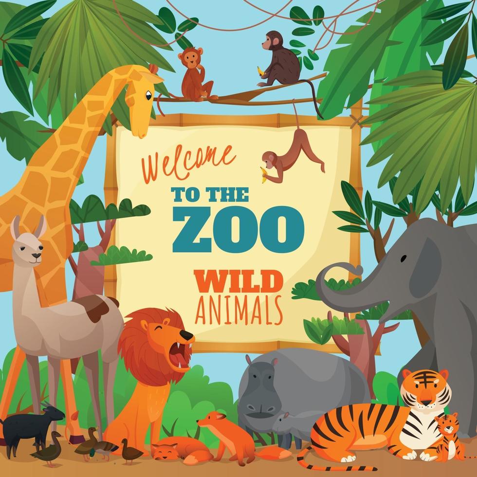 bienvenido a la ilustración de vector de cartel de dibujos animados zoológico