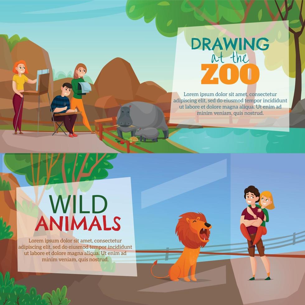 Zoo Visitors Horizontal Banners Vector Illustration
