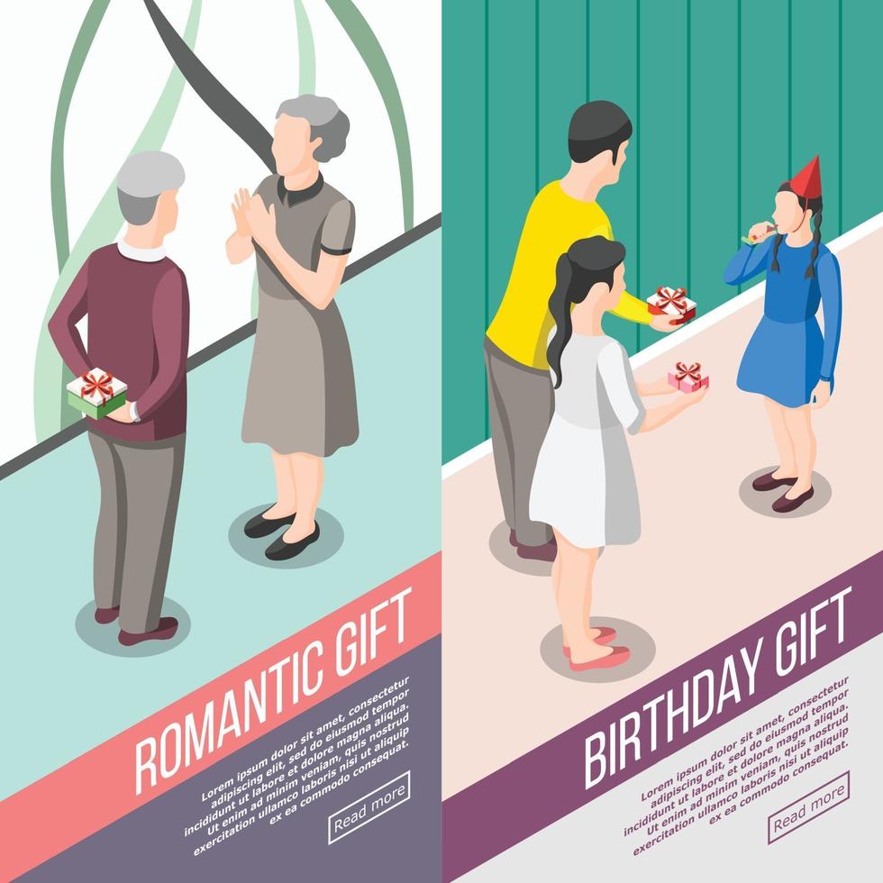 People With Gifts Isometric Banners Vector Illustration