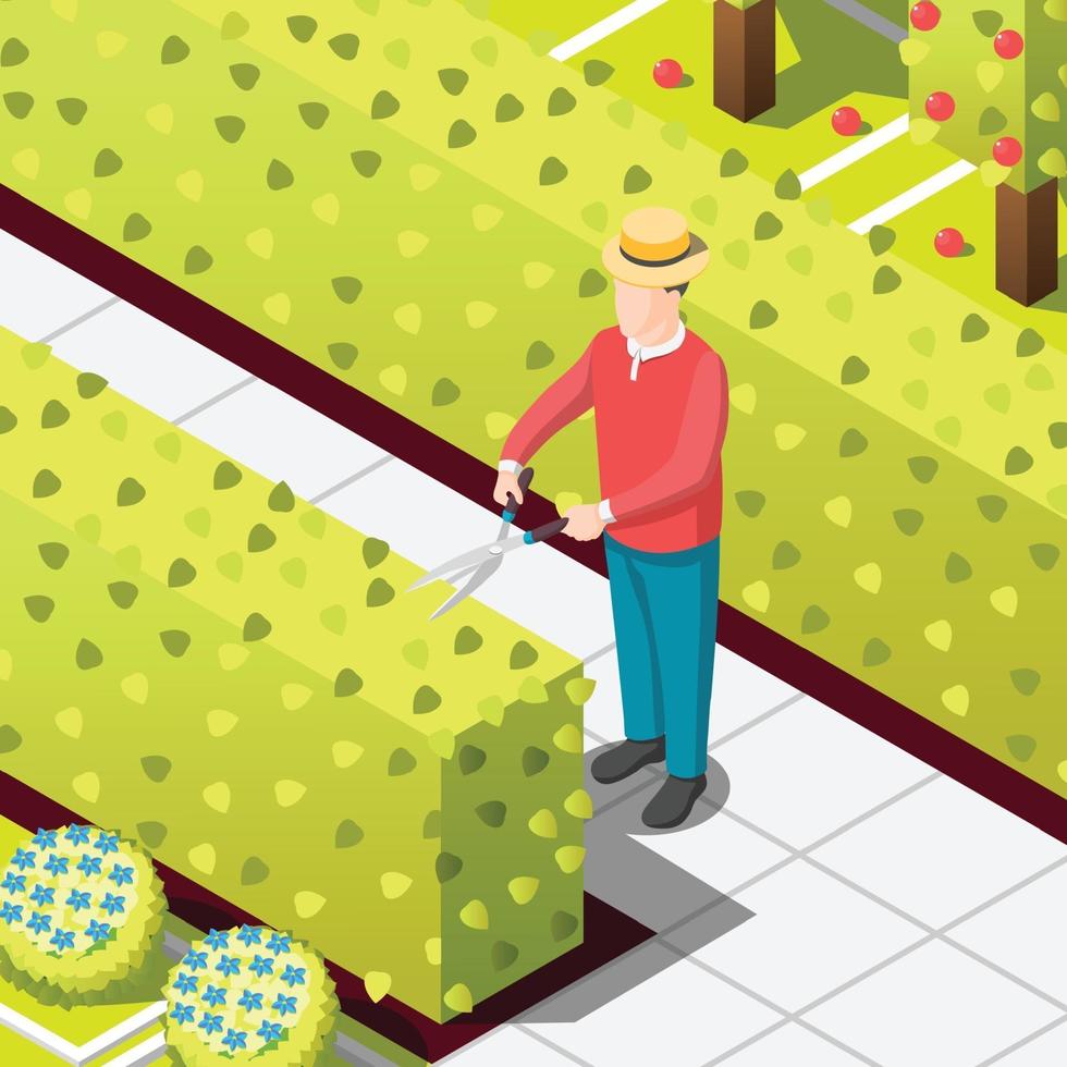 Gardener Employed Worker Isometric Background Vector Illustration