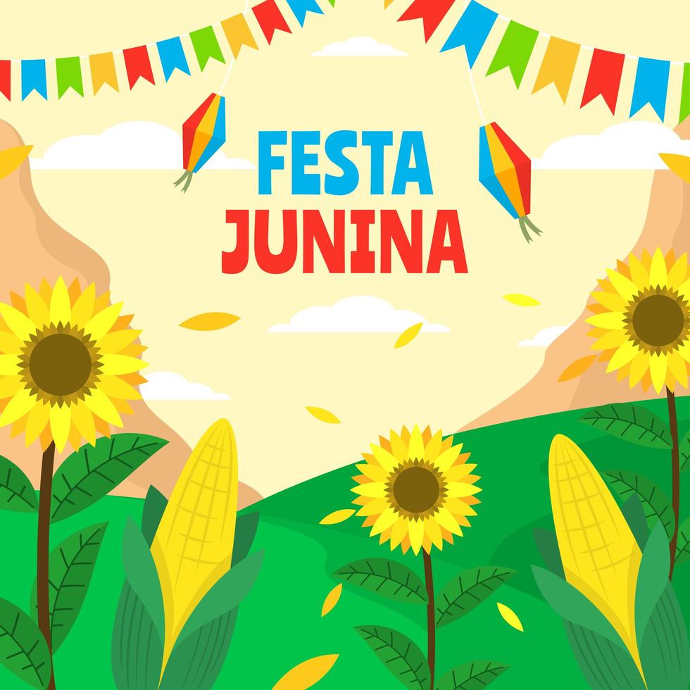 diseño de fondo plano de flor de sol y maíz de festa junina vector