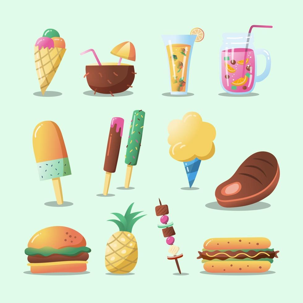 colección de iconos de comida y bebida de verano vector