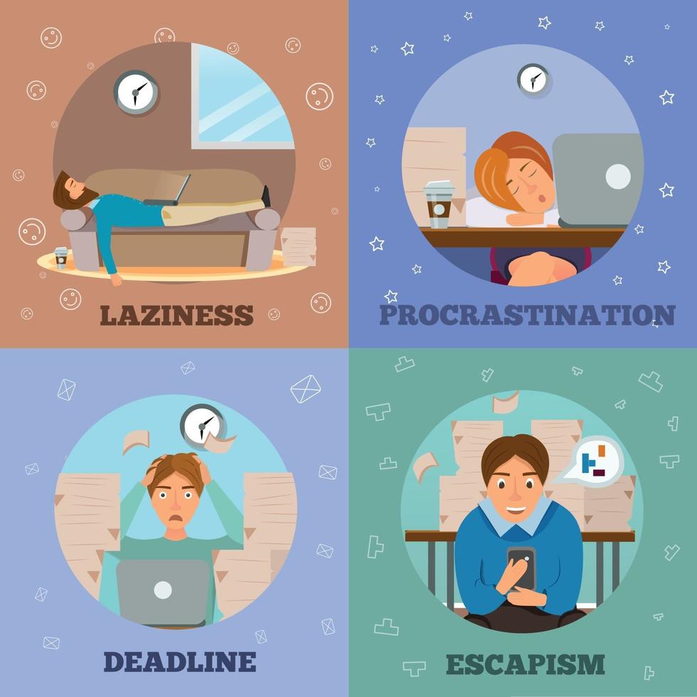 Procrastination Characters cartoon Concept Icons Vector Illustration