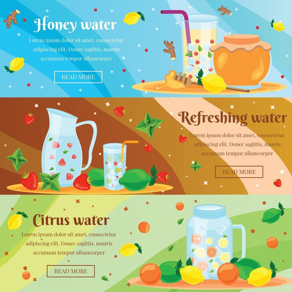 Banners planos de agua de desintoxicación conjunto ilustración vectorial vector