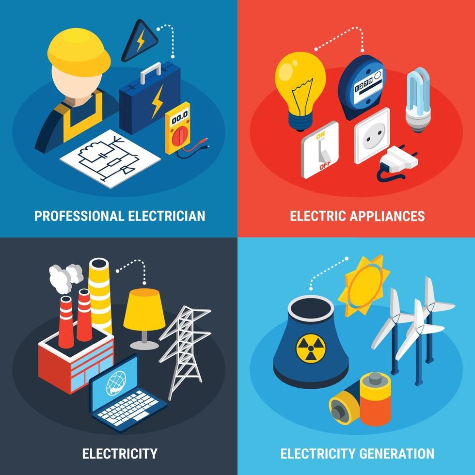 Ilustración de vector de conjunto de iconos 3d isométrico de electricidad