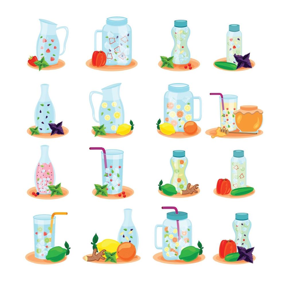 Detox Water Flat Icons Set Vector Illustration