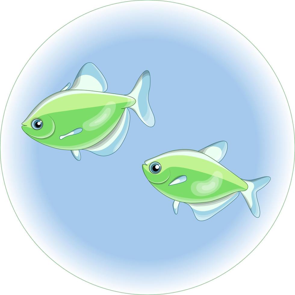 Composición de dibujos animados de vector de dos peces tropicales verdes sobre un fondo de círculo azul
