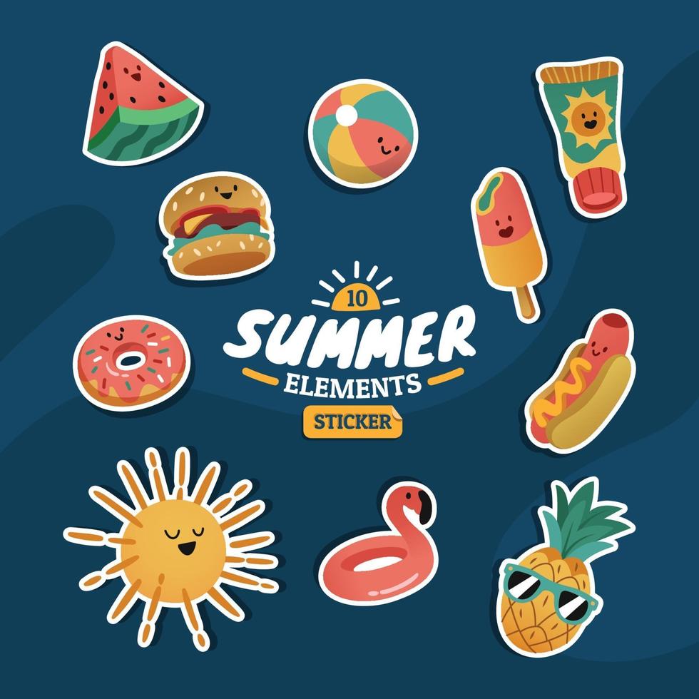 Cute Summer Elements Sticker Set With White Stroke vector