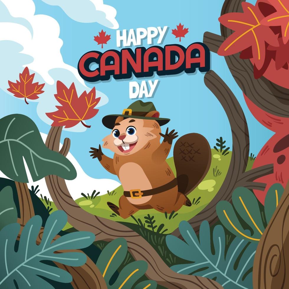 Castor feliz celebrando el día de Canadá mientras se ejecuta en una pradera vector