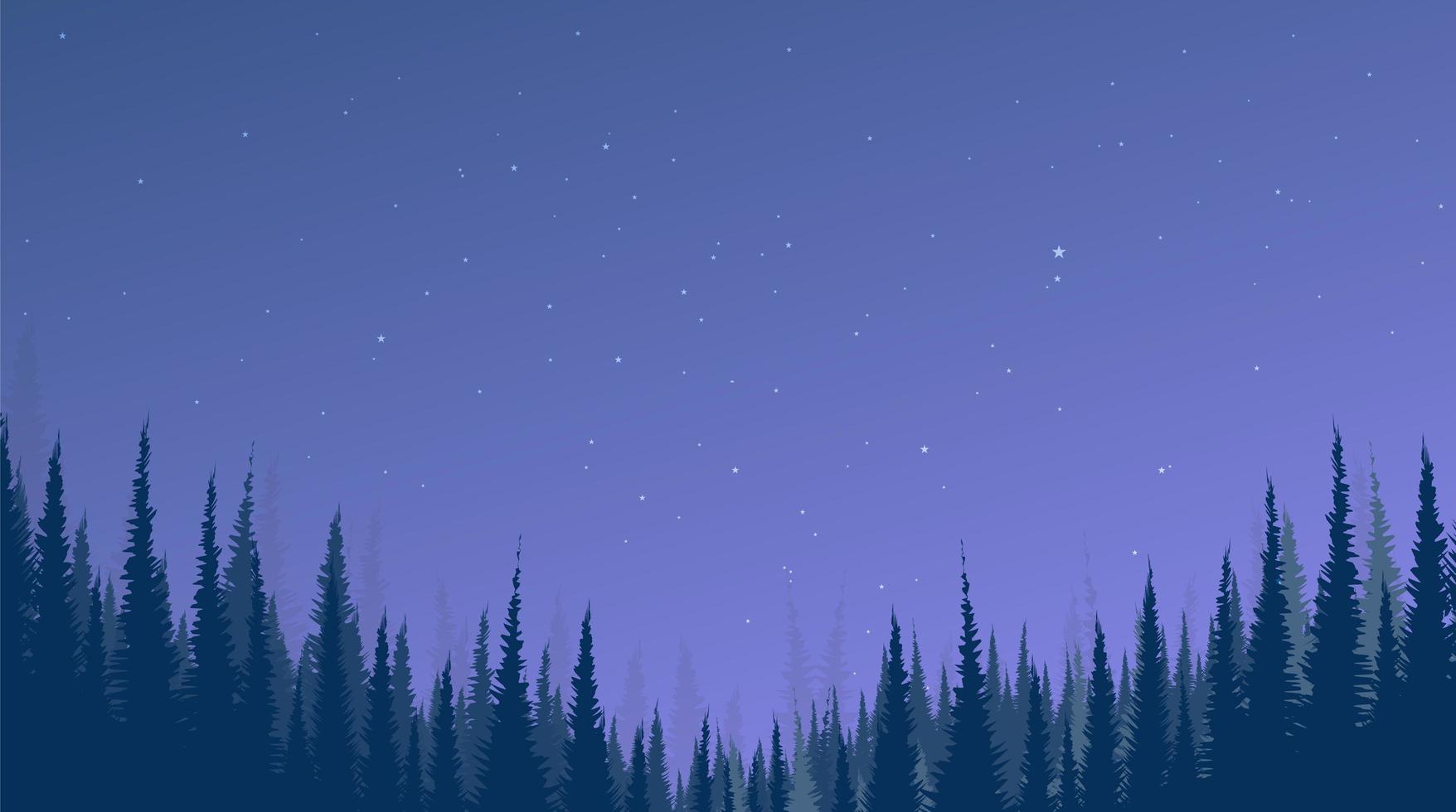 Fondo de paisaje nocturno con bosque de pinos y estrella. vector