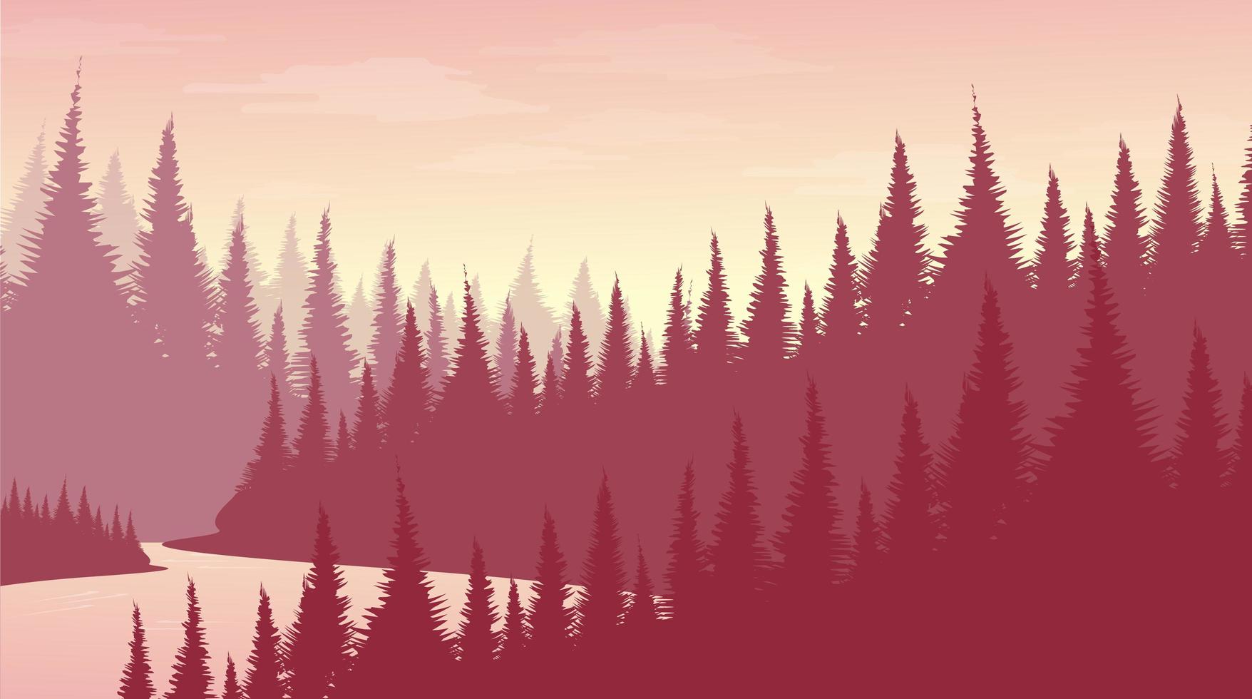 Bosque de pinos rosados con fondo de paisaje de río concepto de niebla y niebla vector