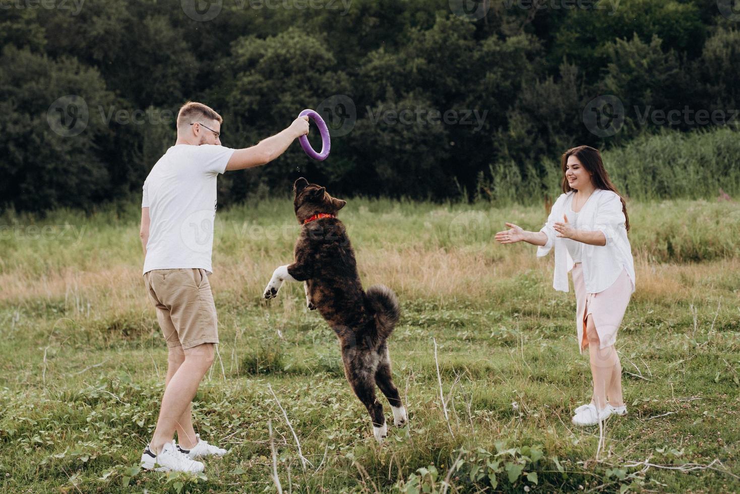 Big dog for a walk with a guy and a girl photo