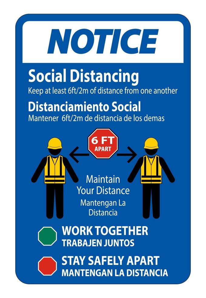 Notice Bilingual Social Distancing Construction Sign vector