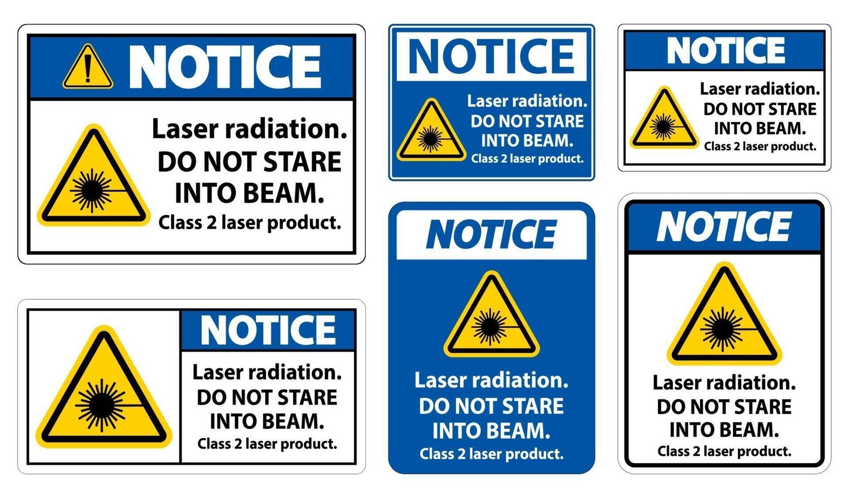 Aviso de radiación láser no mire fijamente al haz de luz de producto láser de clase 2 sobre fondo blanco. vector