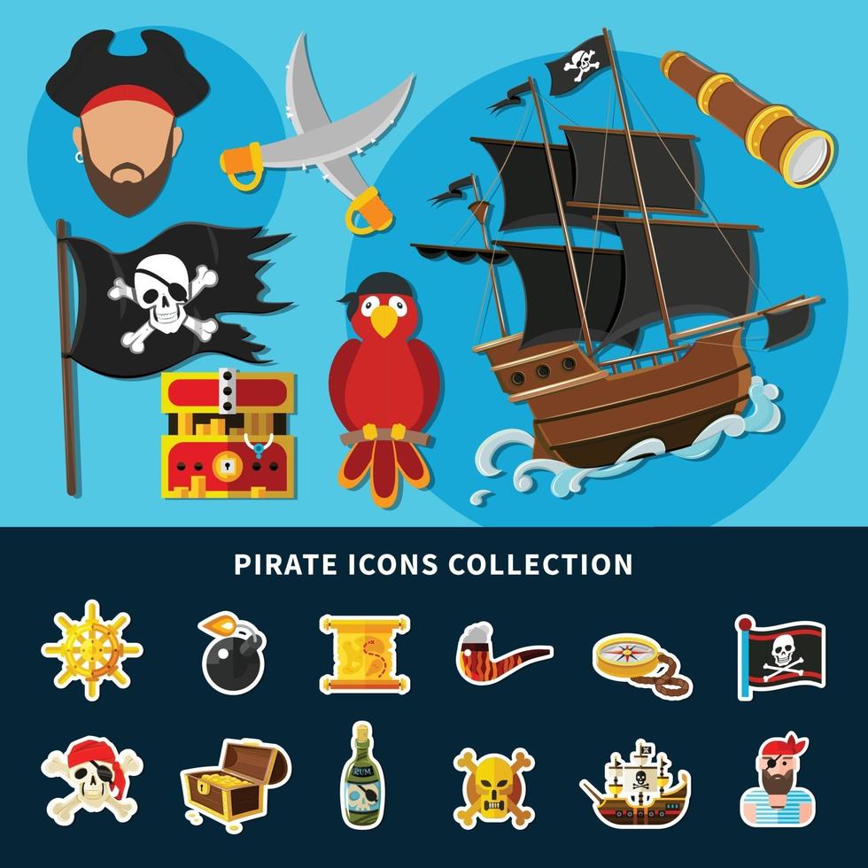 pirata, iconos, caricatura, colección, vector, ilustración vector