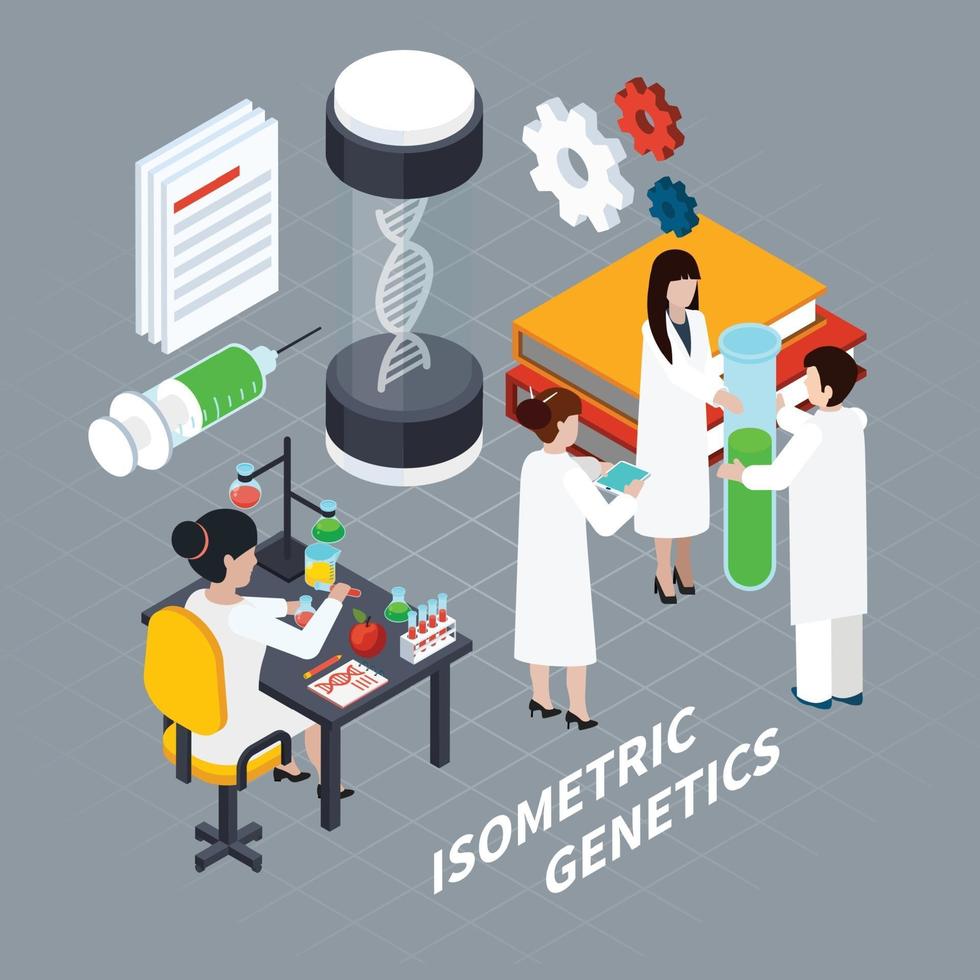 Ilustración de vector de concepto isométrico de ciencia y genética