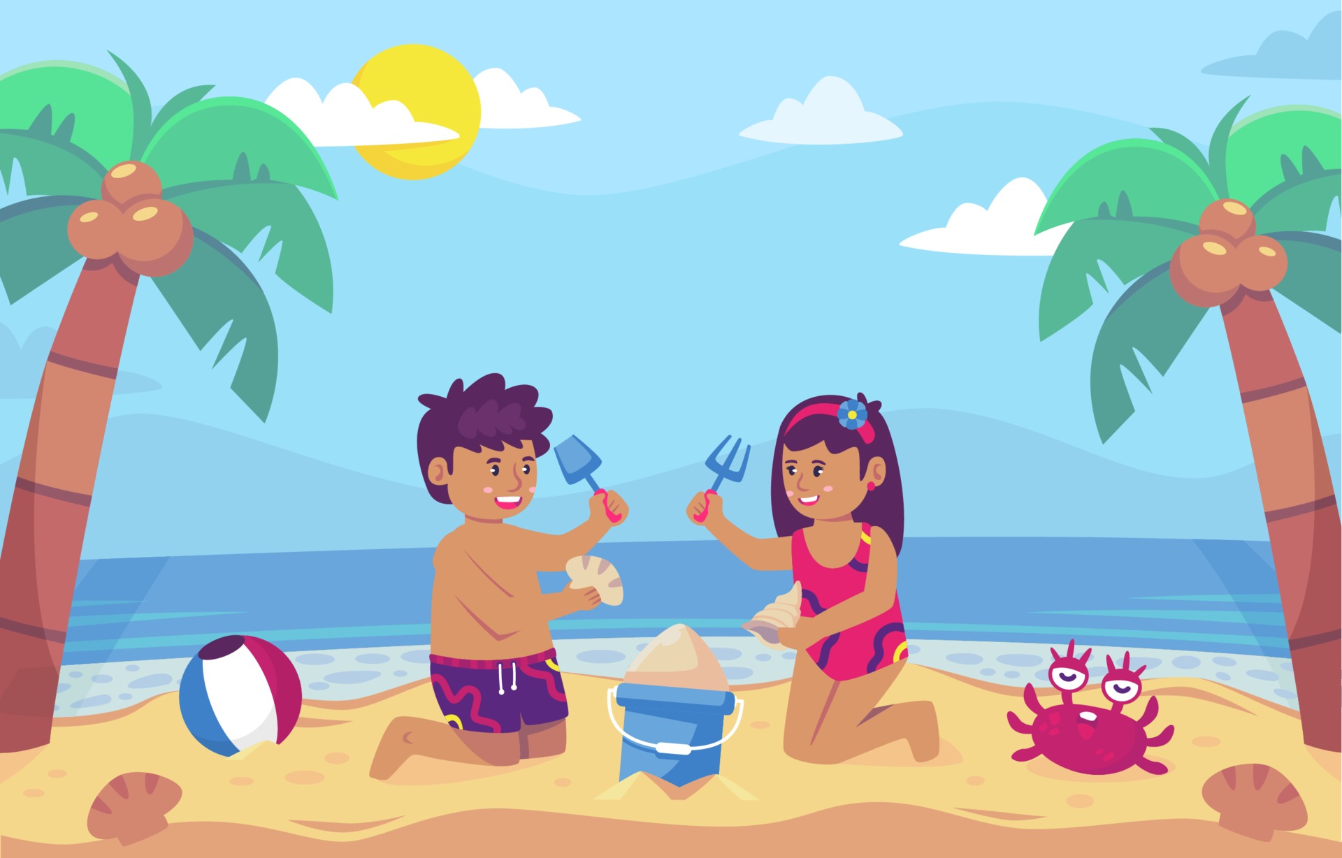 Cartoon of couple playing sand at beach background 2376651 Vector Art at Vecteezy Cartoon of couple playing sand at beach background 2376651 Vector Art at Vecteezy