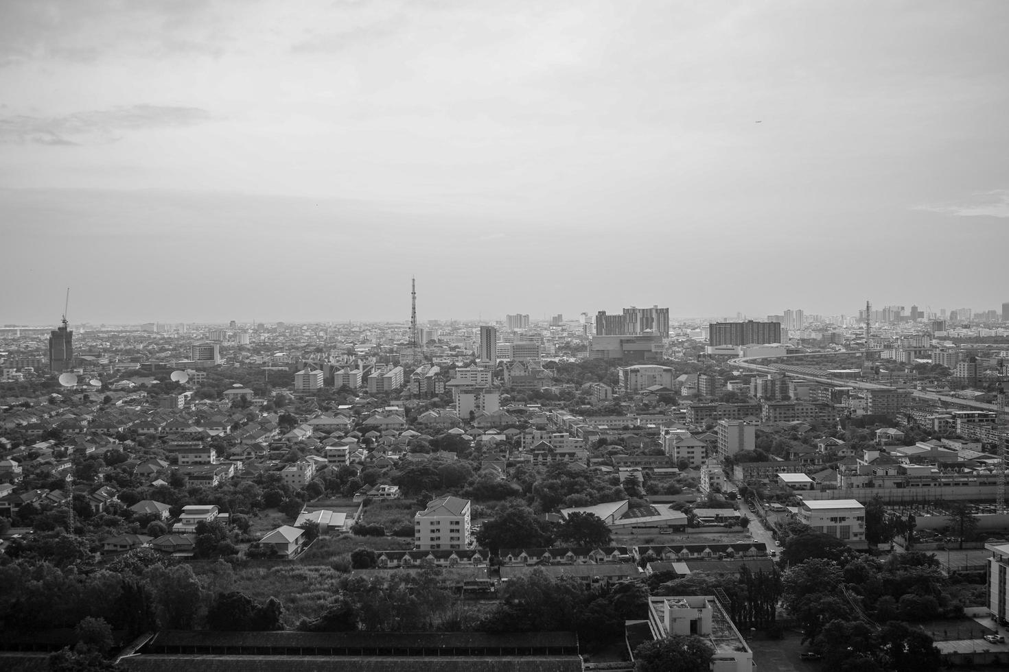 Monochrome landscape of city with a crowd of buildings and a residential area photo