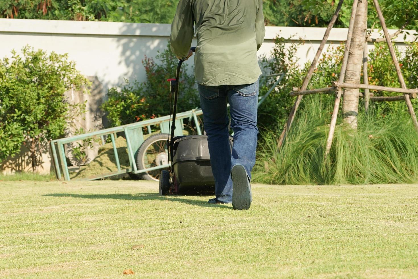 Retrato posterior del jardinero empujando la cortadora de césped en el campo de hierba foto