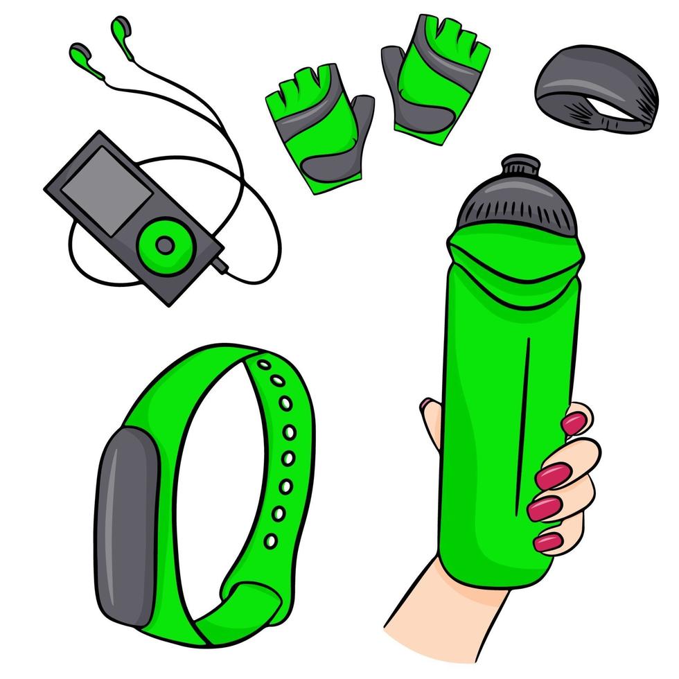 Vector set of fitness accessories in cartoon style. Vector illustration isolated on a white background.