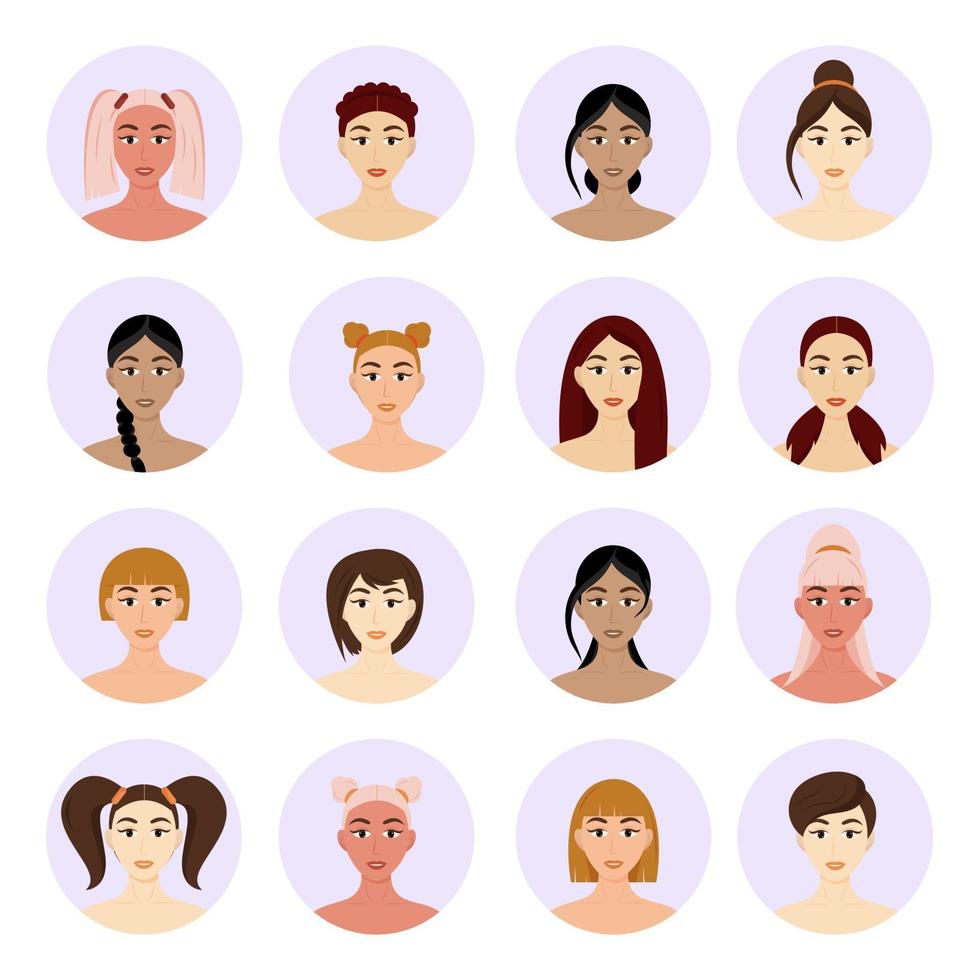 conjunto de peinados de mujeres avatar. hermosas chicas jóvenes con diferentes peinados aislados en un fondo blanco. vector